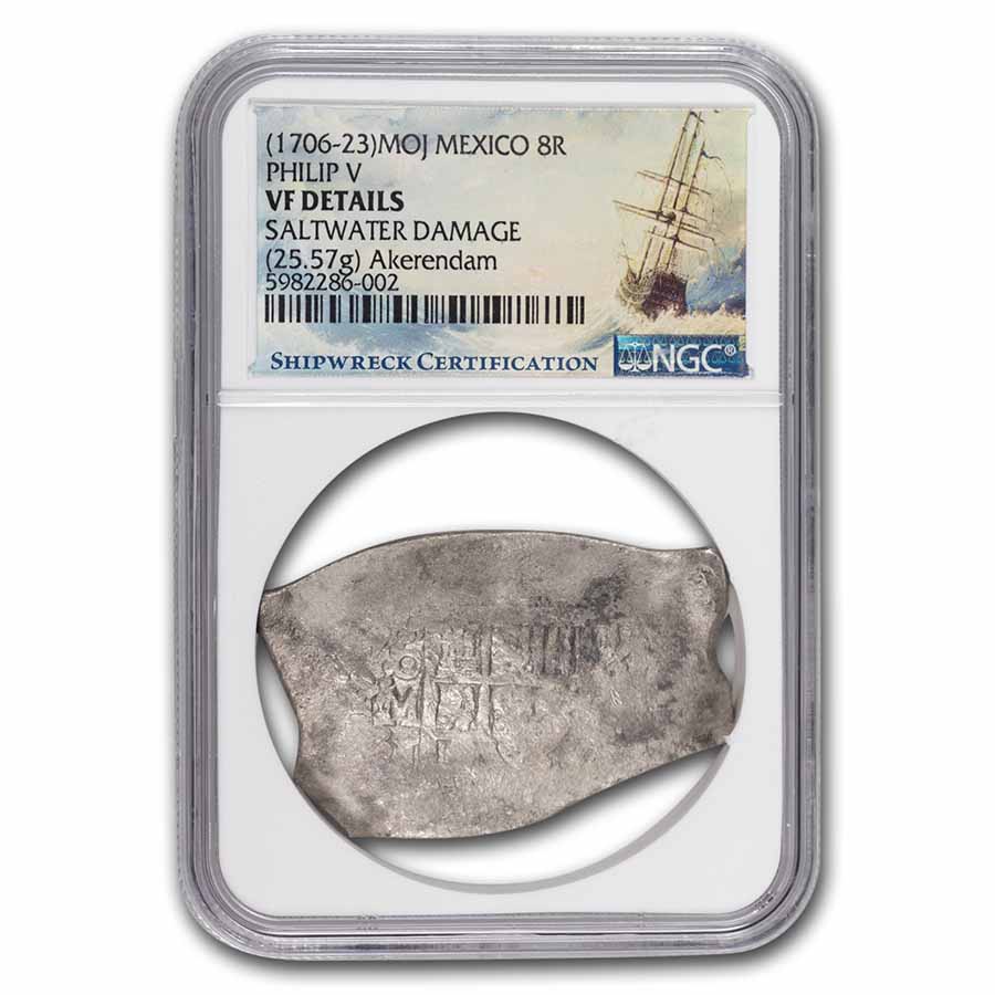 1706-1723 Mexico AR 8 Reales Phillip V NGC (Akerendam Shipwreck)