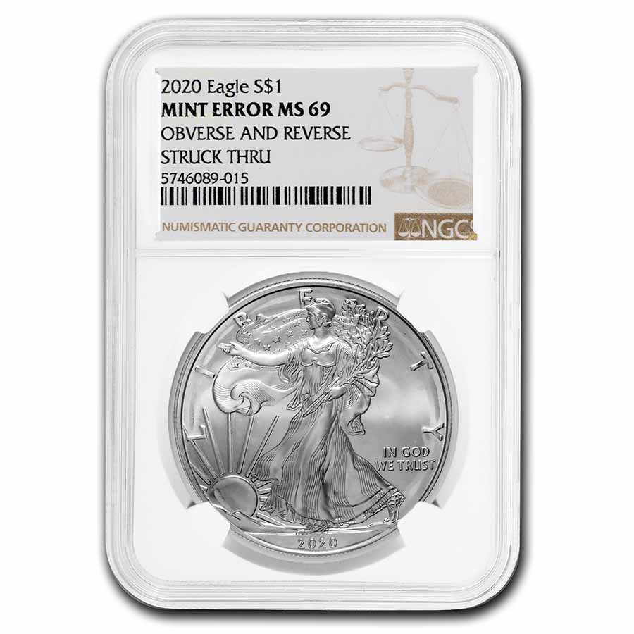 2020 American Silver Eagle MS-69 NGC (Error, Obv/Rev Struck Thru)