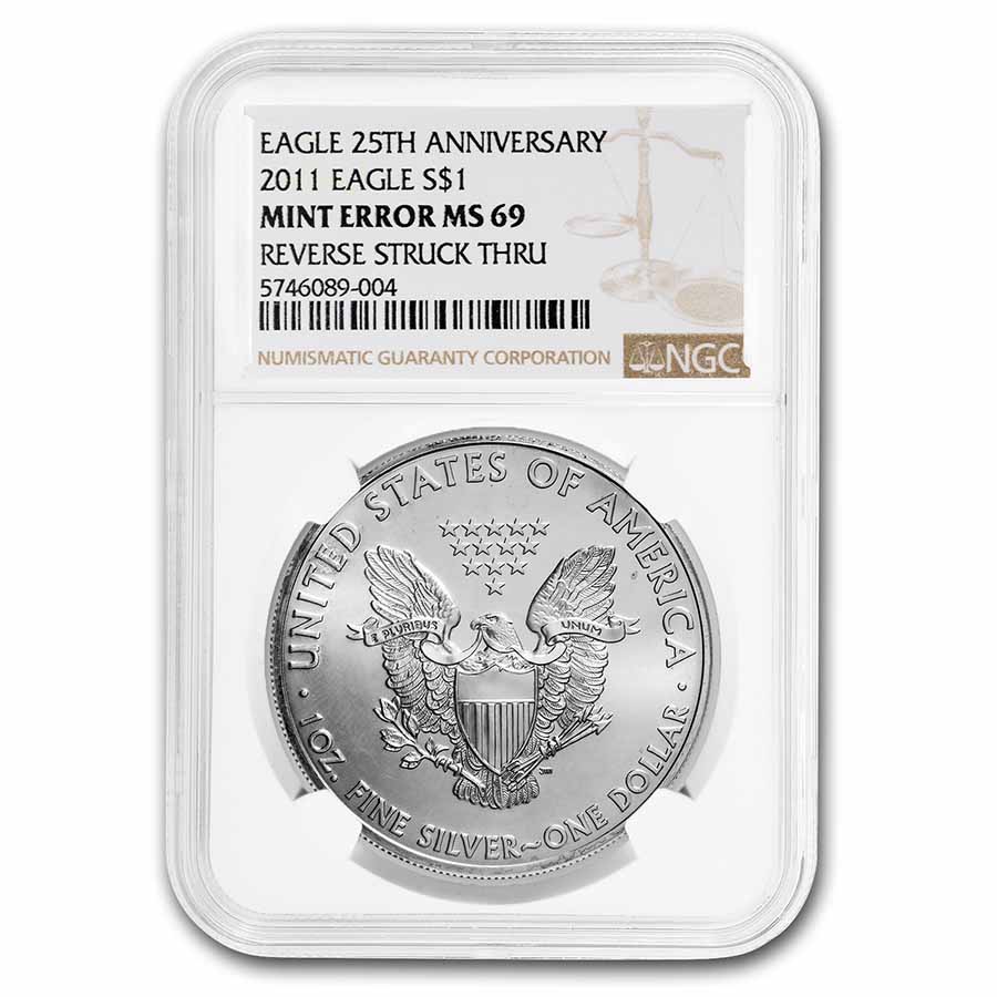 2011 American Silver Eagle MS-69 NGC (Error, Reverse Struck Thru) - Click Image to Close