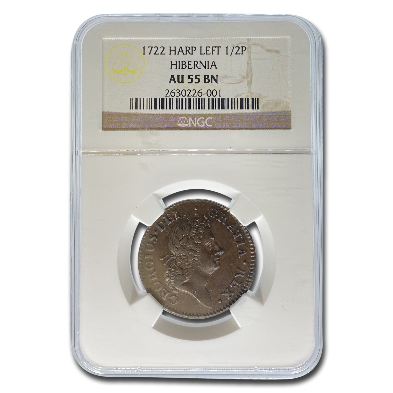 Buy 1722 Wood's Hibernia Halfpenny AU-55 NGC (Brown, Harp Left)