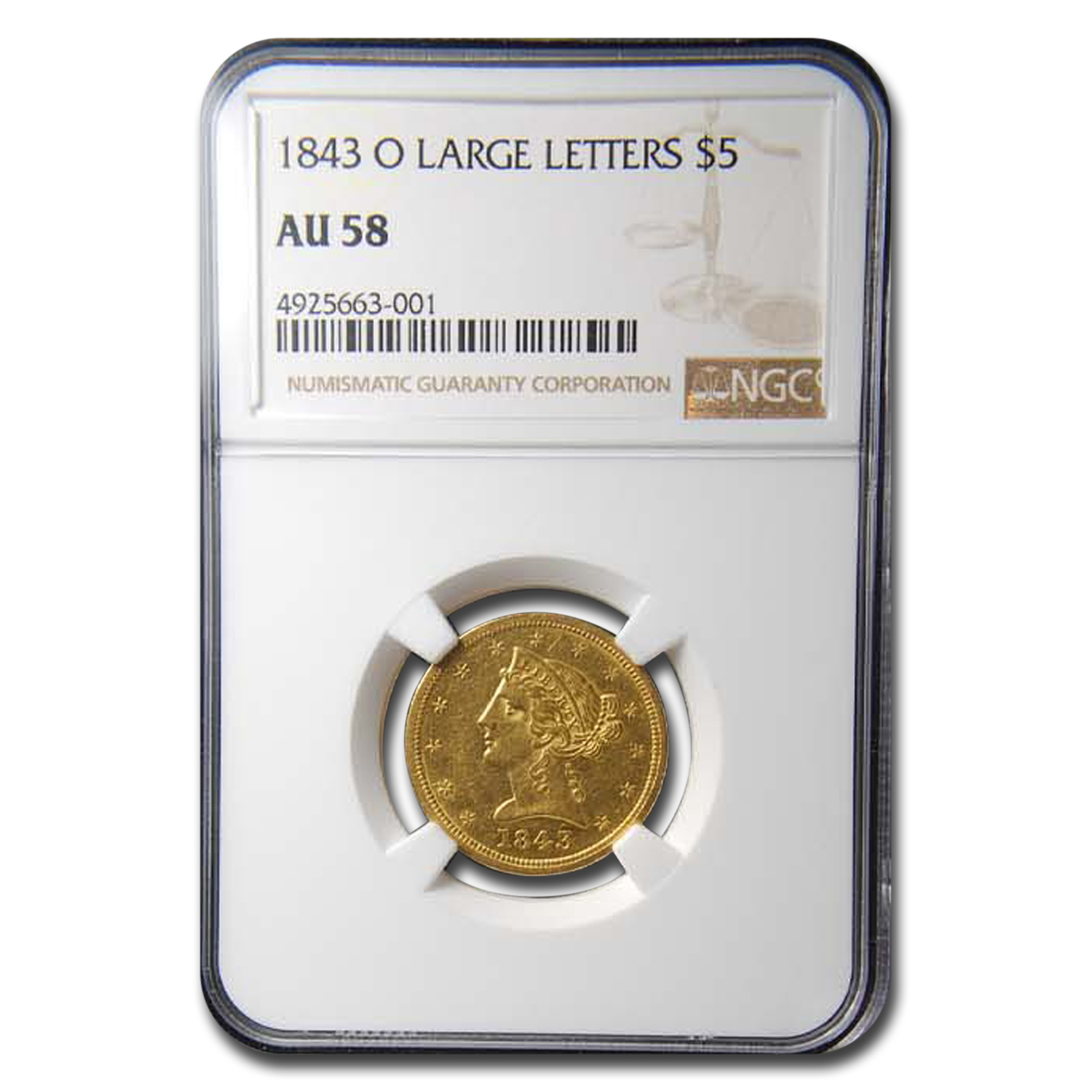 Buy 1843-O $5 Liberty Gold Half Eagle AU-58 NGC