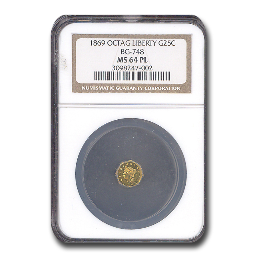Buy 1869 Liberty Octagonal 25 Cent Gold MS-64 NGC (PL, BG-748)