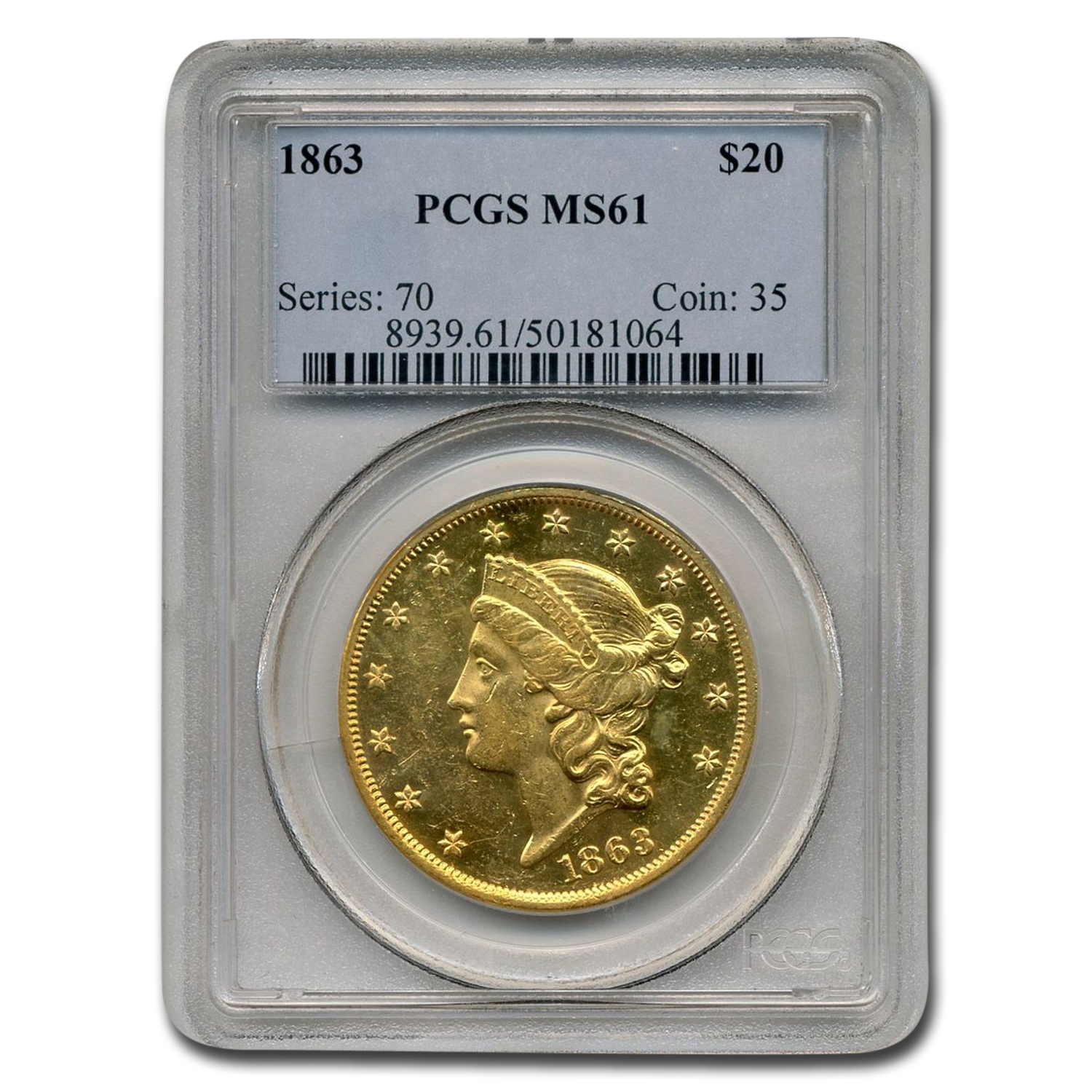 Buy 1863 $20 Liberty Gold Double Eagle MS-61 PCGS