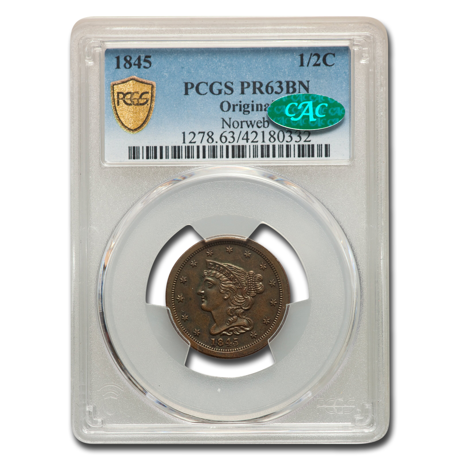 Buy 1845 Half Cent PR-63 PCGS CAC (Brown, Original)