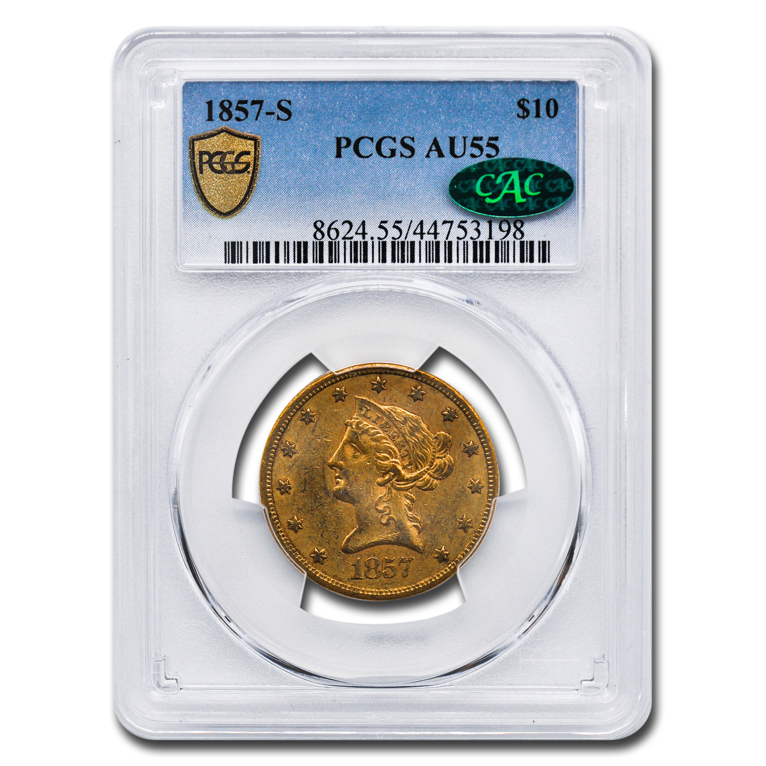 Buy 1857-S $10 Liberty Gold Eagle AU-55 PCGS CAC