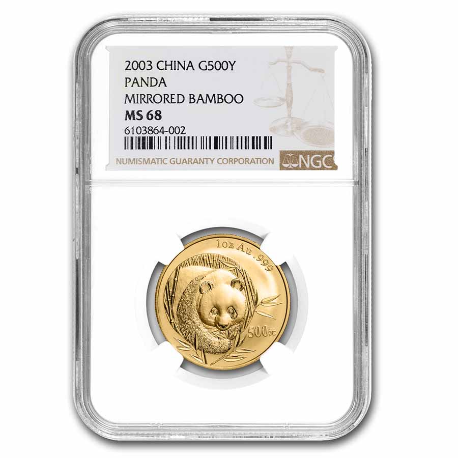 2003 China 1 oz Gold Panda Mirrored Bamboo MS-68 NGC - Click Image to Close