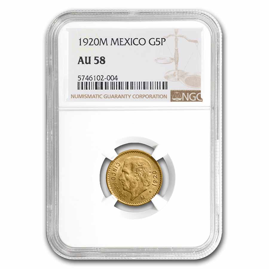 1920-M Mexico Gold 5 Pesos AU-58 NGC - Click Image to Close