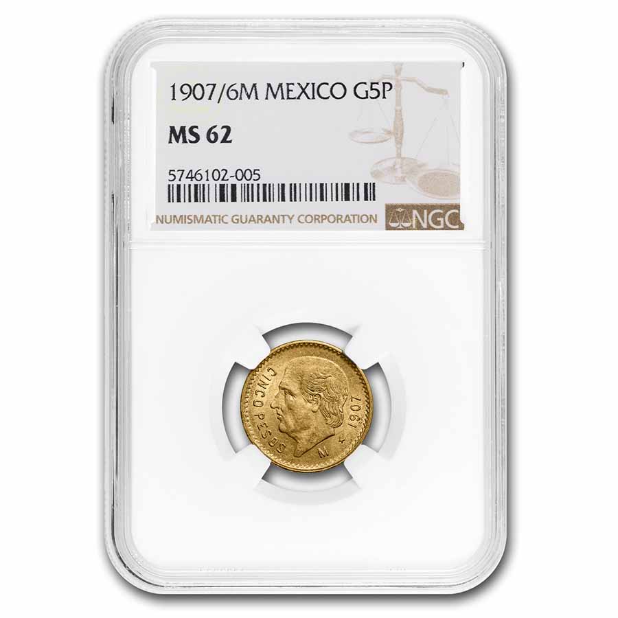 1907/6 Mexico Gold 5 Pesos MS-62 NGC - Click Image to Close