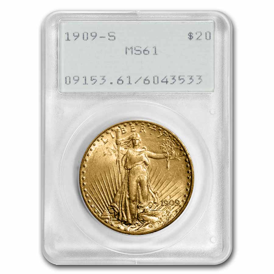 1909-S $20 Saint-Gaudens Gold Double Eagle MS-61 PCGS (Rattler) - Click Image to Close