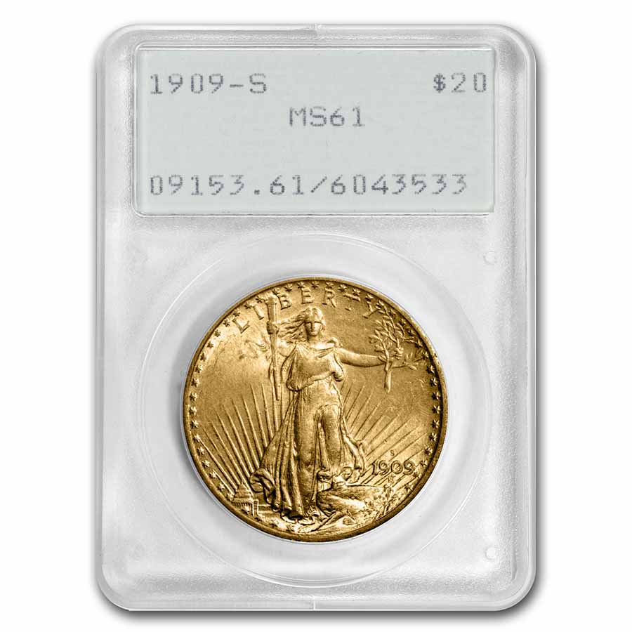 1909-S $20 Saint-Gaudens Gold Double Eagle MS-61 PCGS (Rattler)