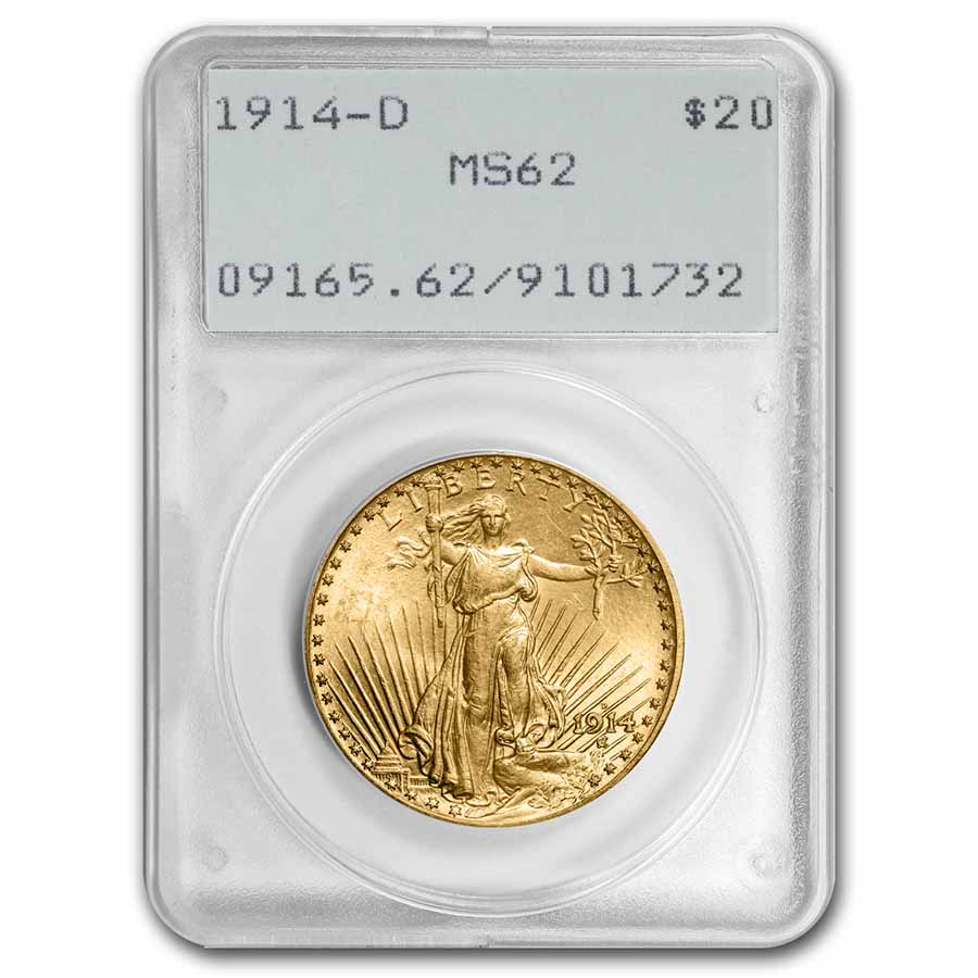 1914-D $20 Saint-Gaudens Gold Double Eagle MS-62 PCGS (Rattler)