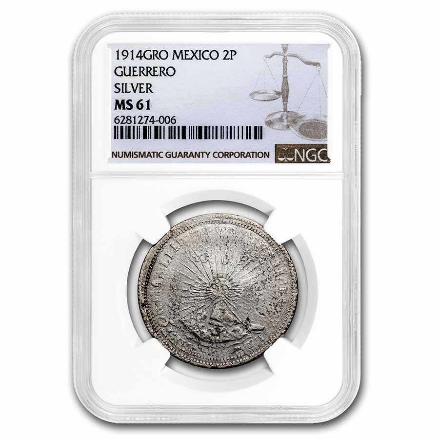 1915 Mexico Silver 2 Pesos Guerrero MS-61 NGC