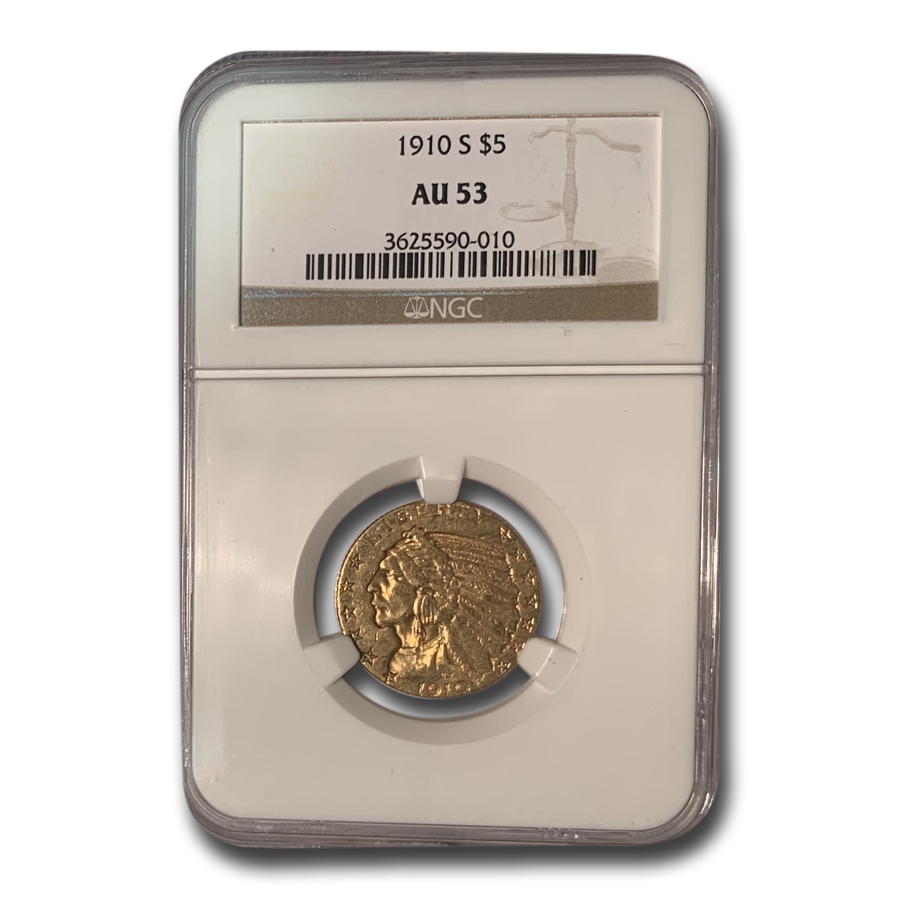 Buy 1910-S $5 Indian Gold Half Eagle AU-53 NGC