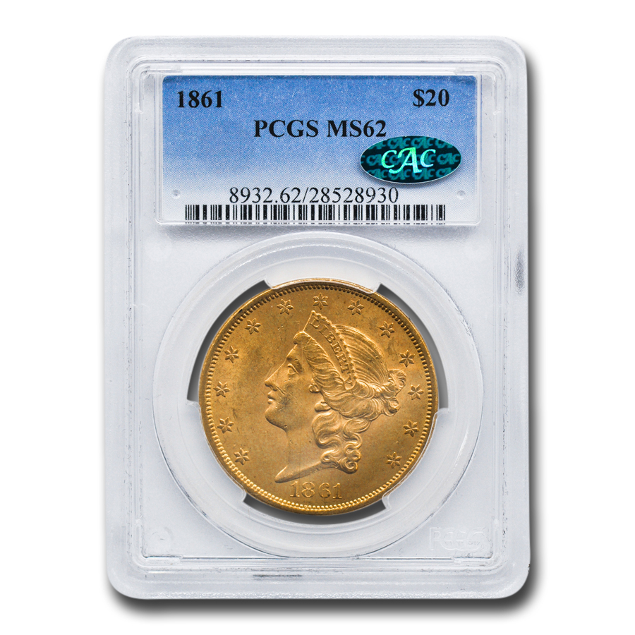 Buy 1861 $20 Liberty Gold Double Eagle MS-62 PCGS CAC
