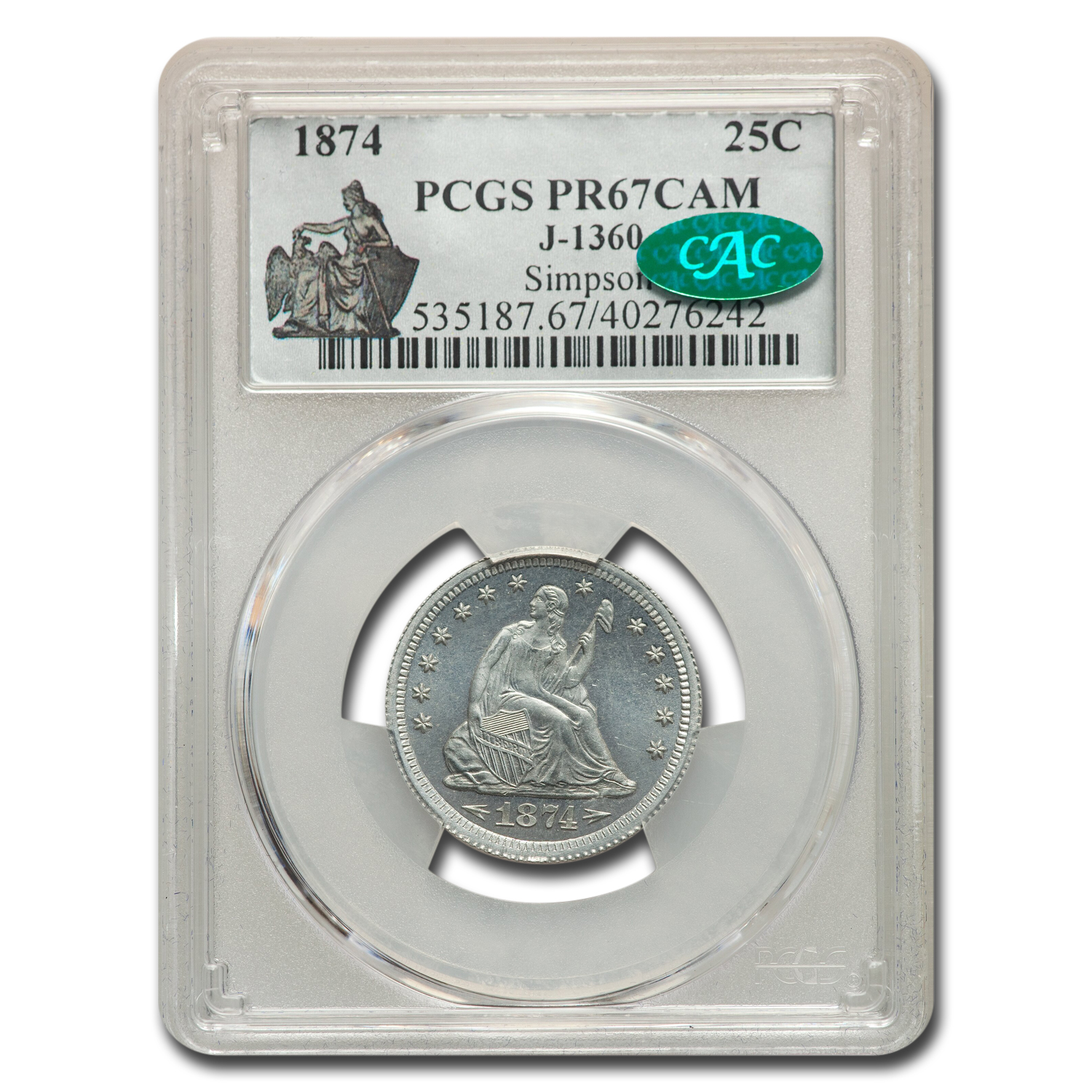 Buy 1874 Quarter Pattern PR-67 Cameo PCGS CAC (J-1360)