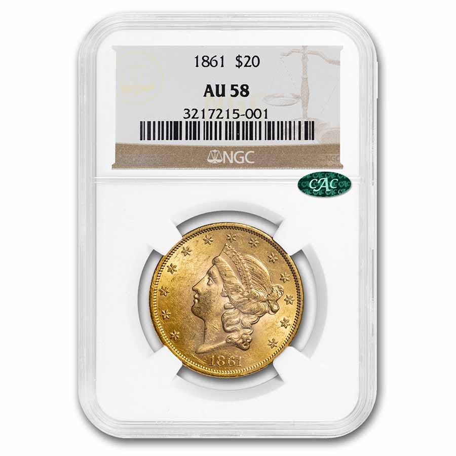 1861 $20 Liberty Gold Double Eagle AU-58 NGC CAC