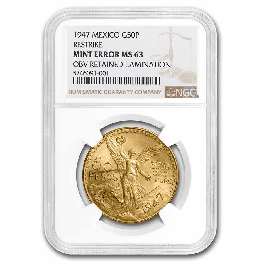 1947 Mexico Gold 50 Pesos MS-63 NGC (Obverse Retained Lamination) - Click Image to Close