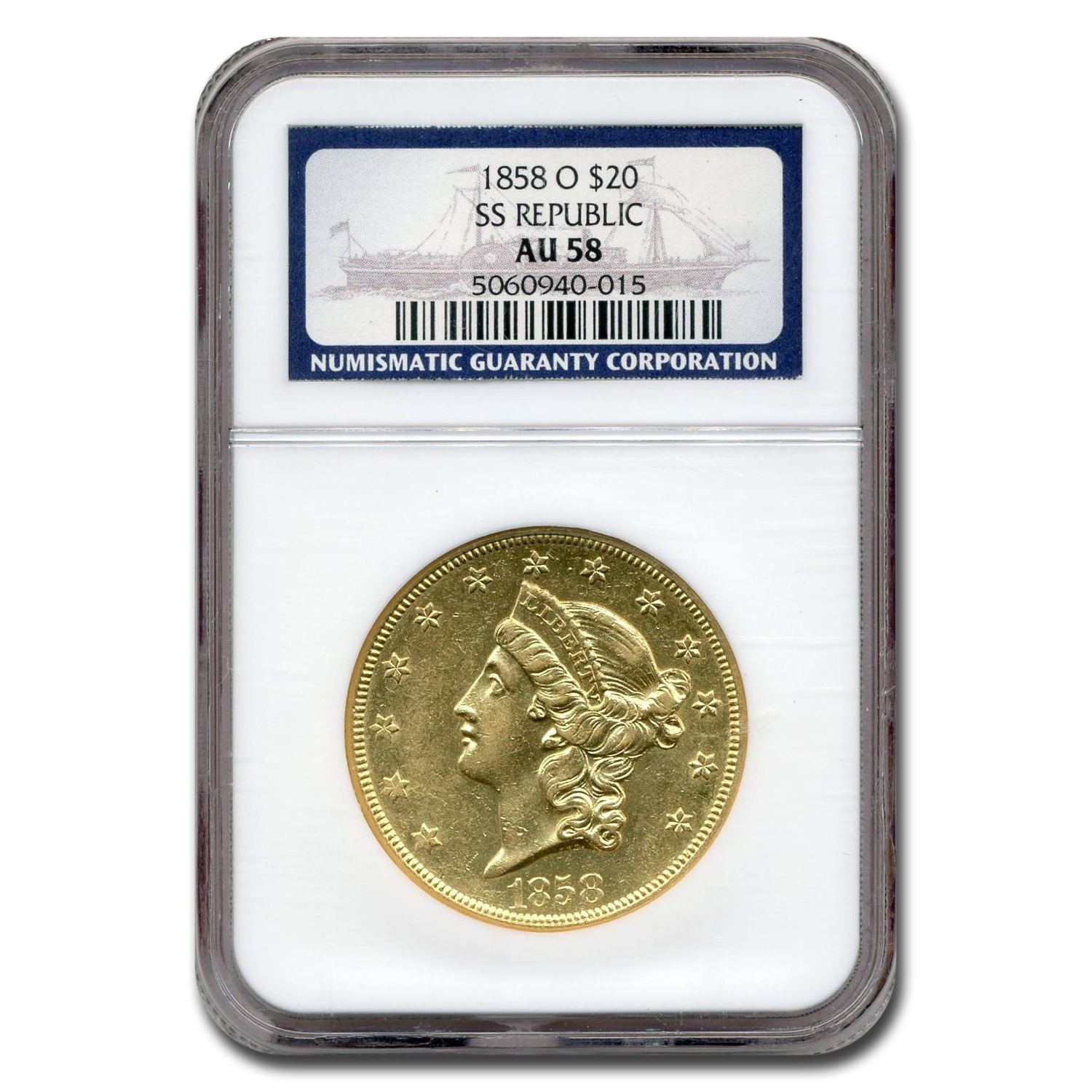 Buy 1858-O $20 Liberty Gold Double Eagle AU-58 NGC (SS Republic)