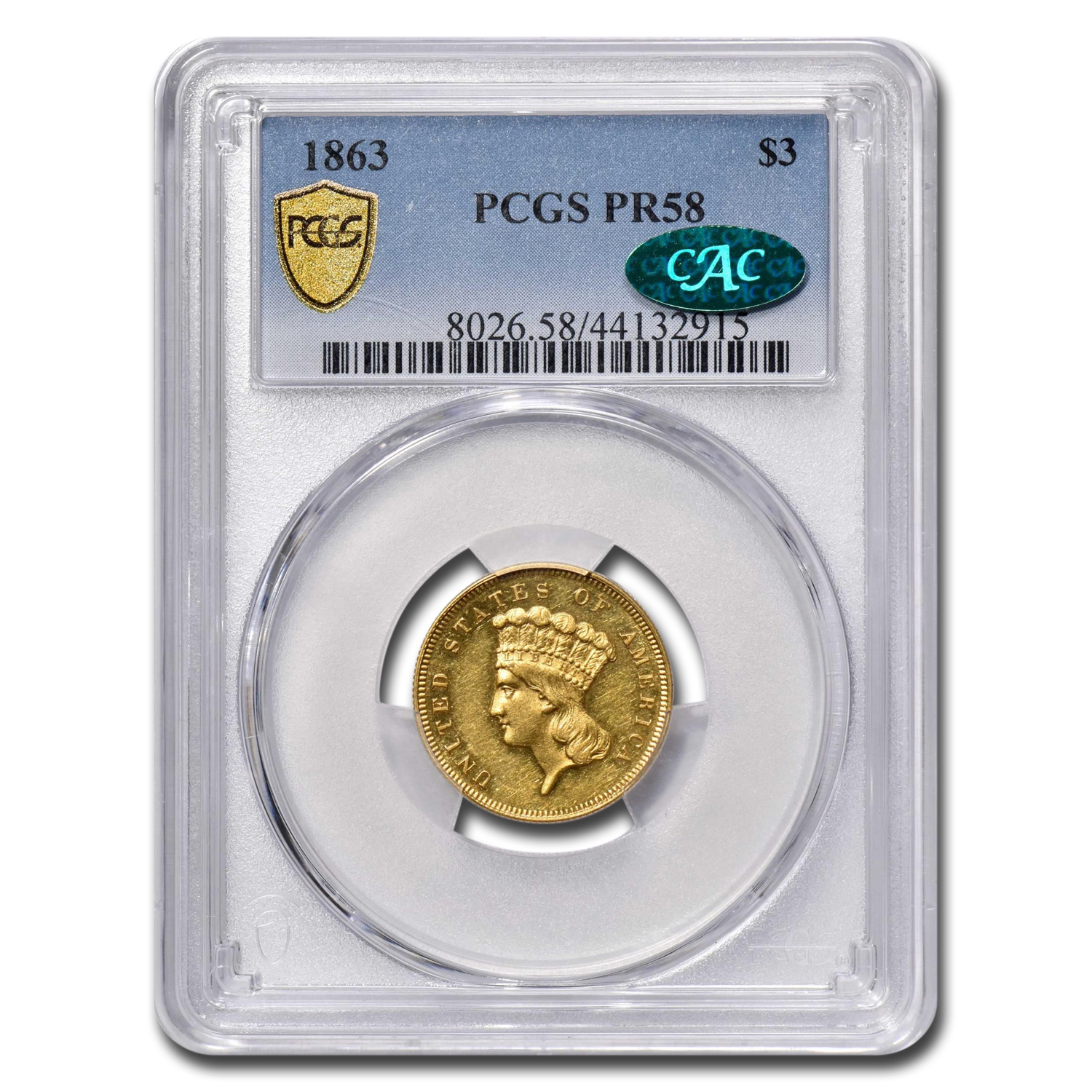 Buy 1863 $3 Gold Princess PR-58 PCGS CAC