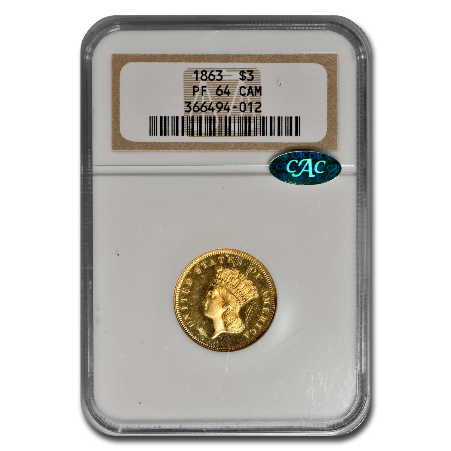 Buy 1863 $3 Gold Princess PF-64 Cameo NGC CAC