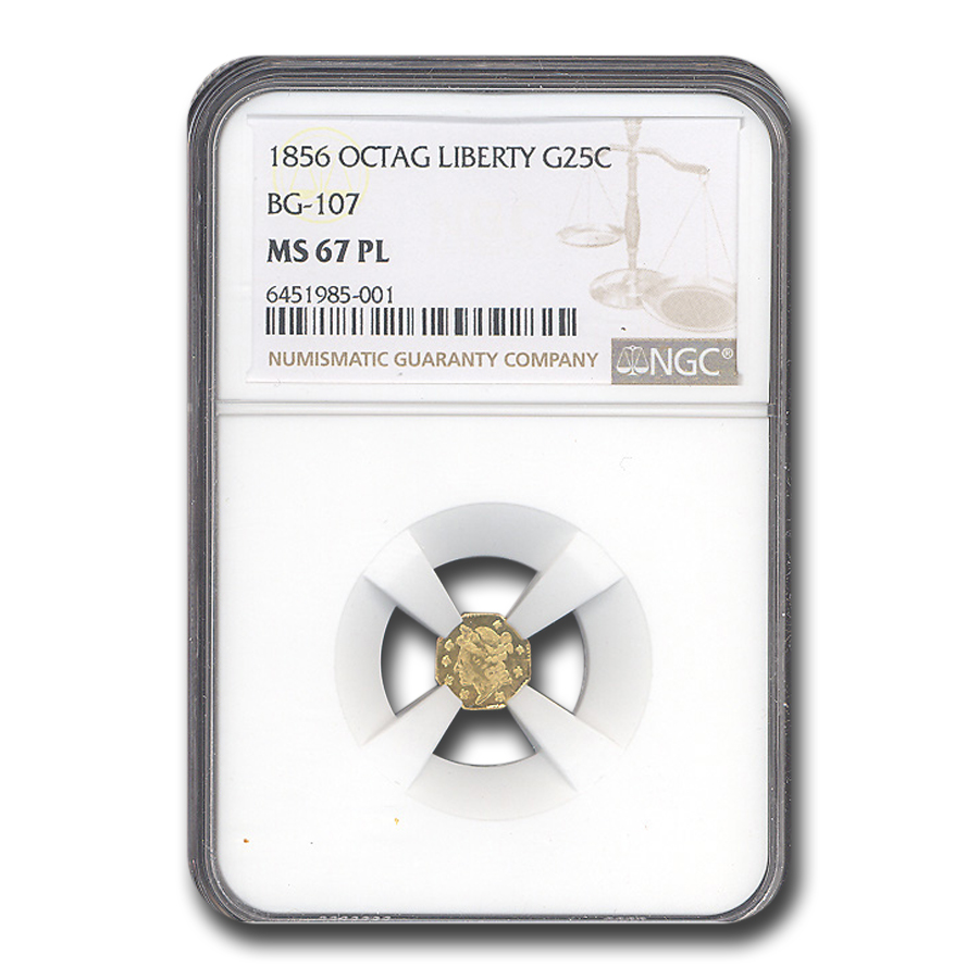 Buy 1856 Liberty Octagonal 25 Cent Gold MS-67 NGC (PL, BG-107)