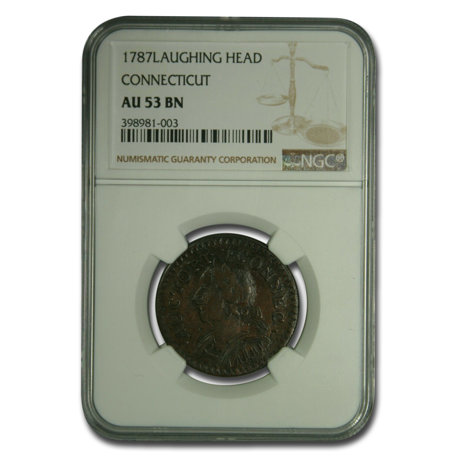 Buy 1787 Connecticut Copper Bust Left AU-53 NGC (Brown, Laughing)