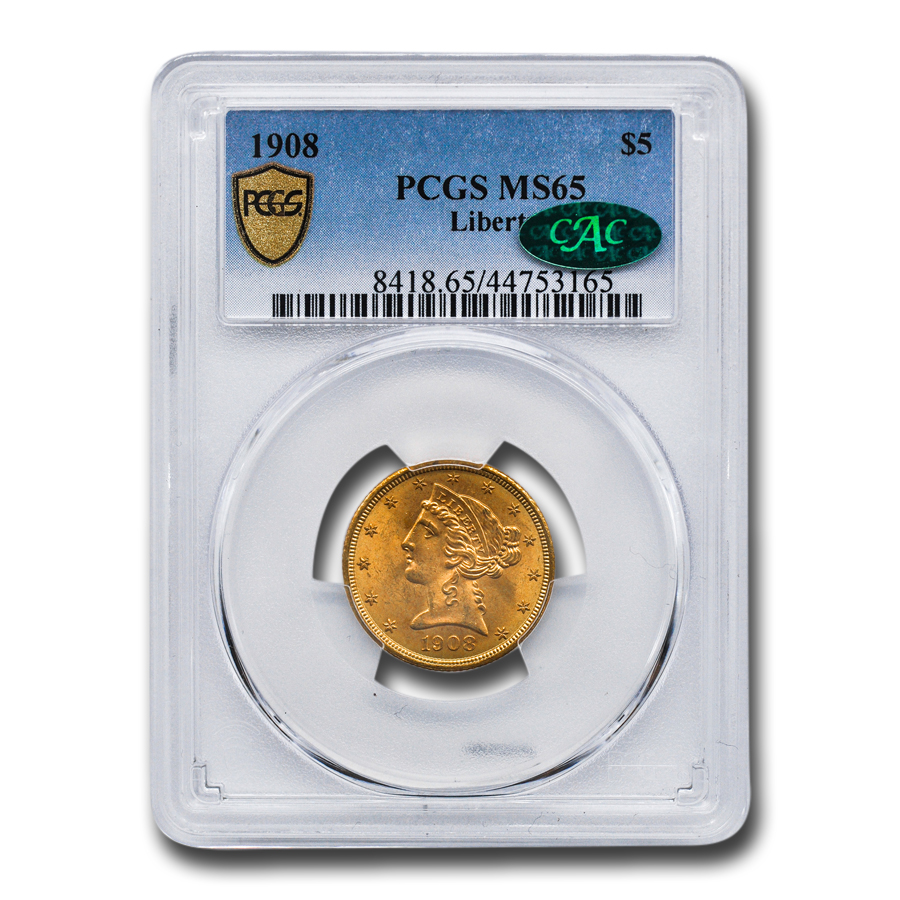 Buy 1908 $5 Liberty Gold Half Eagle MS-65 PCGS CAC