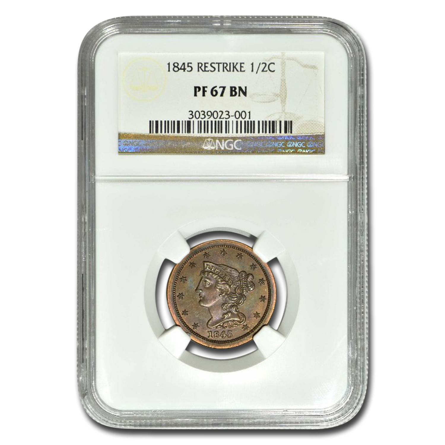 Buy 1845 Half Cent PF-67 NGC (Brown, Restrike) - Click Image to Close