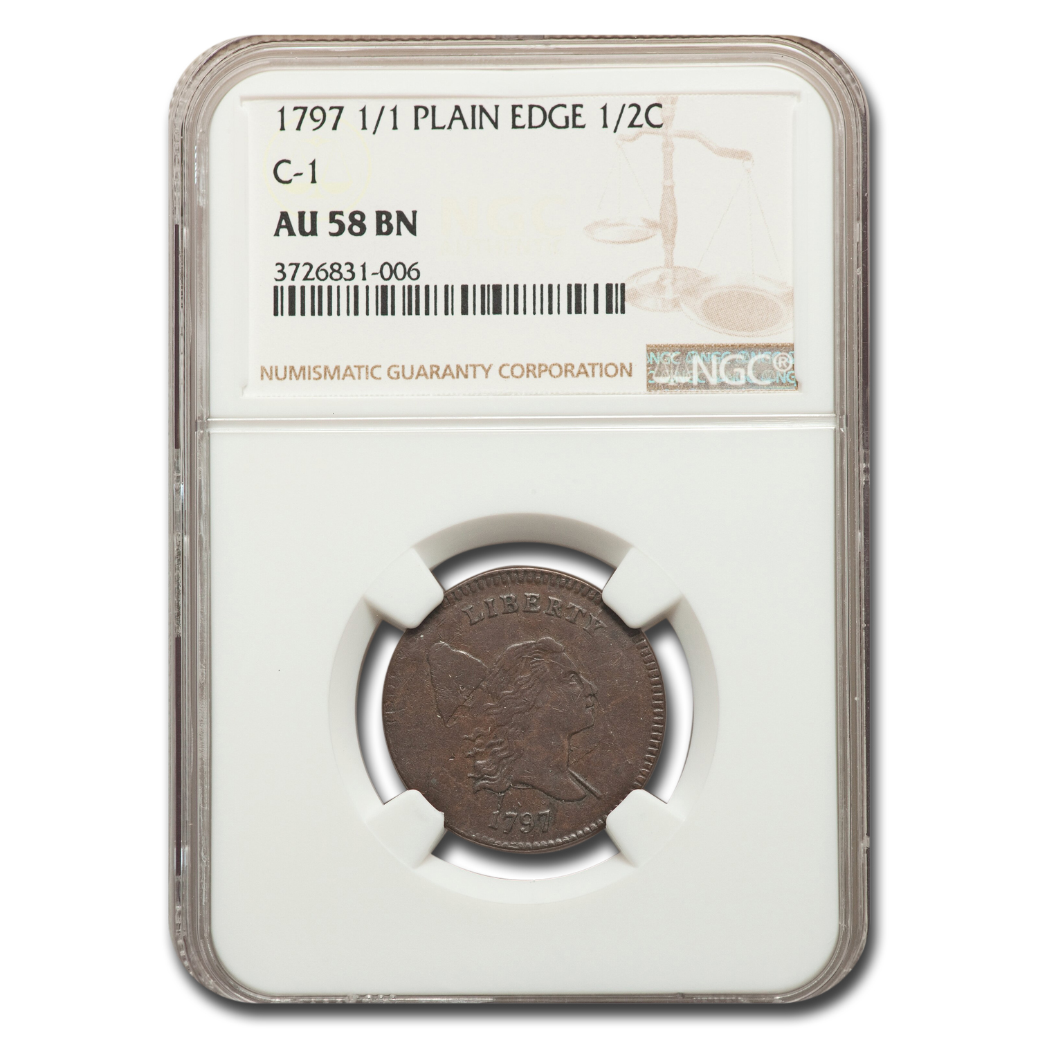 Buy 1797 Draped Bust Half Cent AU-58 NGC (C-1, 1/1 Plain Edge) - Click Image to Close