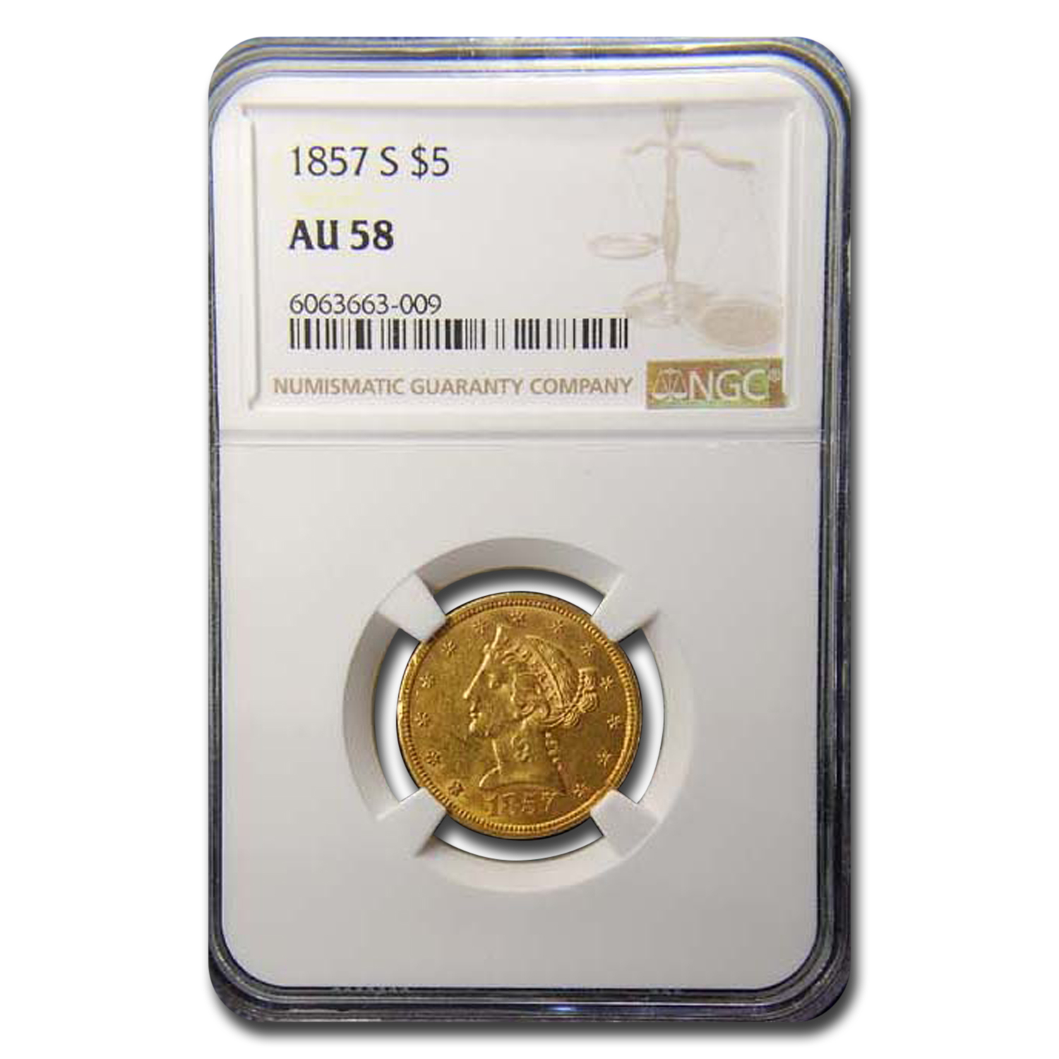 Buy 1857-S $5 Liberty Gold Half Eagle AU-58 NGC
