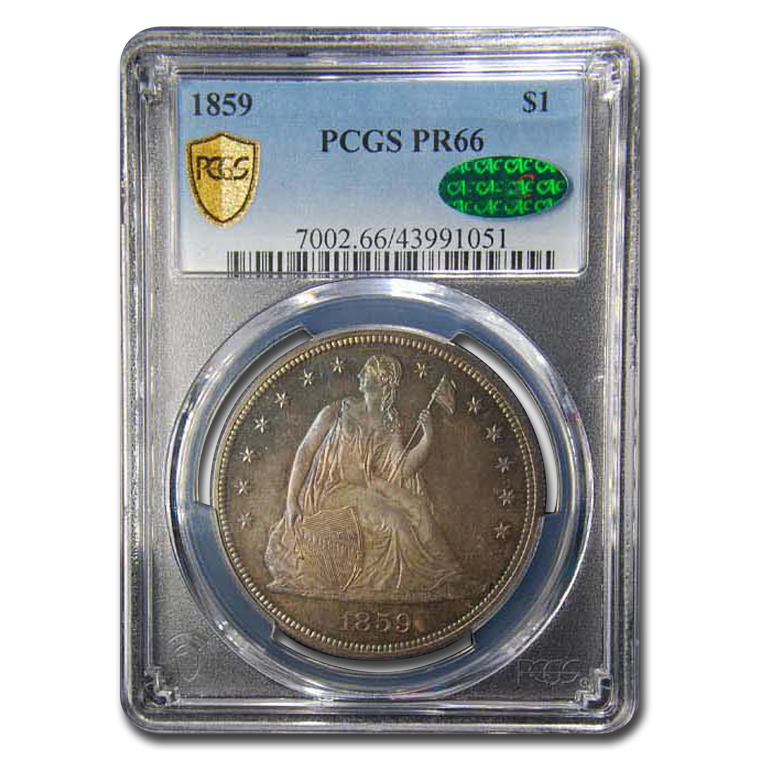 Buy 1859 Liberty Seated Dollar PR-66 PCGS CAC - Click Image to Close