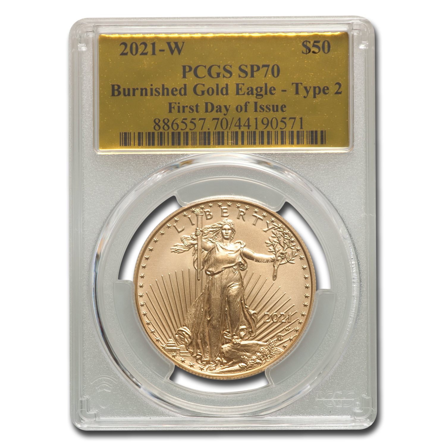 Buy 2021-W 1 oz Burnished Gold Eagle Type 2 SP-70 PCGS (FD Gold Foil) - Click Image to Close