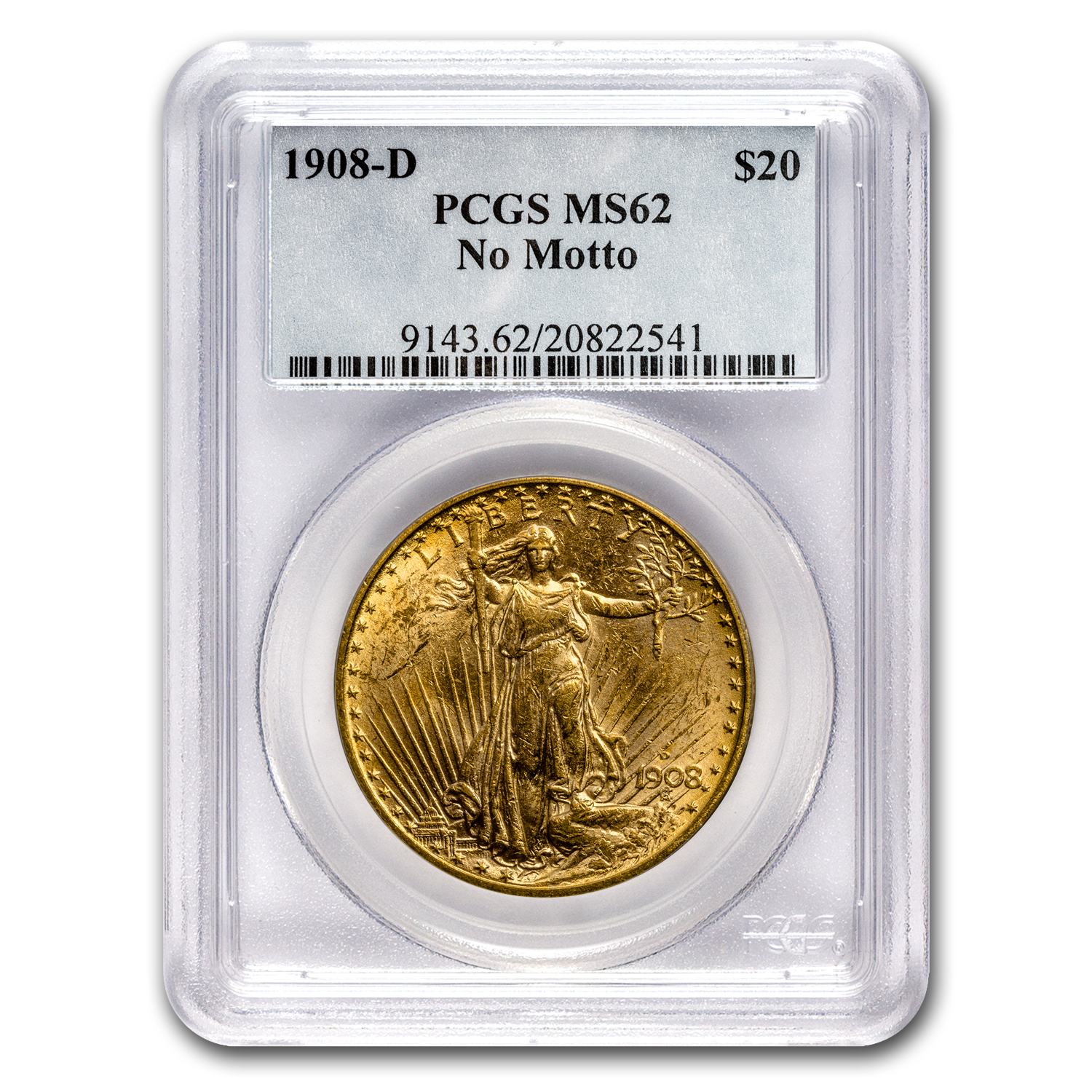 Buy 1908-D $20 Saint-Gaudens Gold No Motto MS-62 PCGS