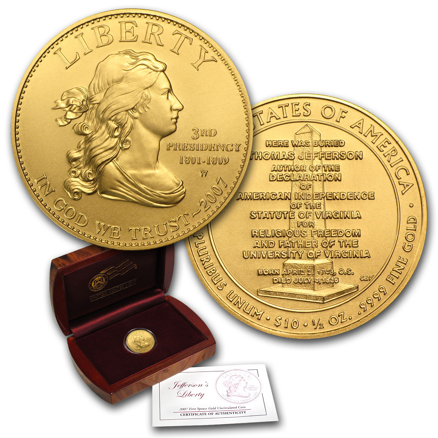 Buy 2007-W 1/2 oz Gold Jefferson's Liberty BU (w/Box & COA) - Click Image to Close