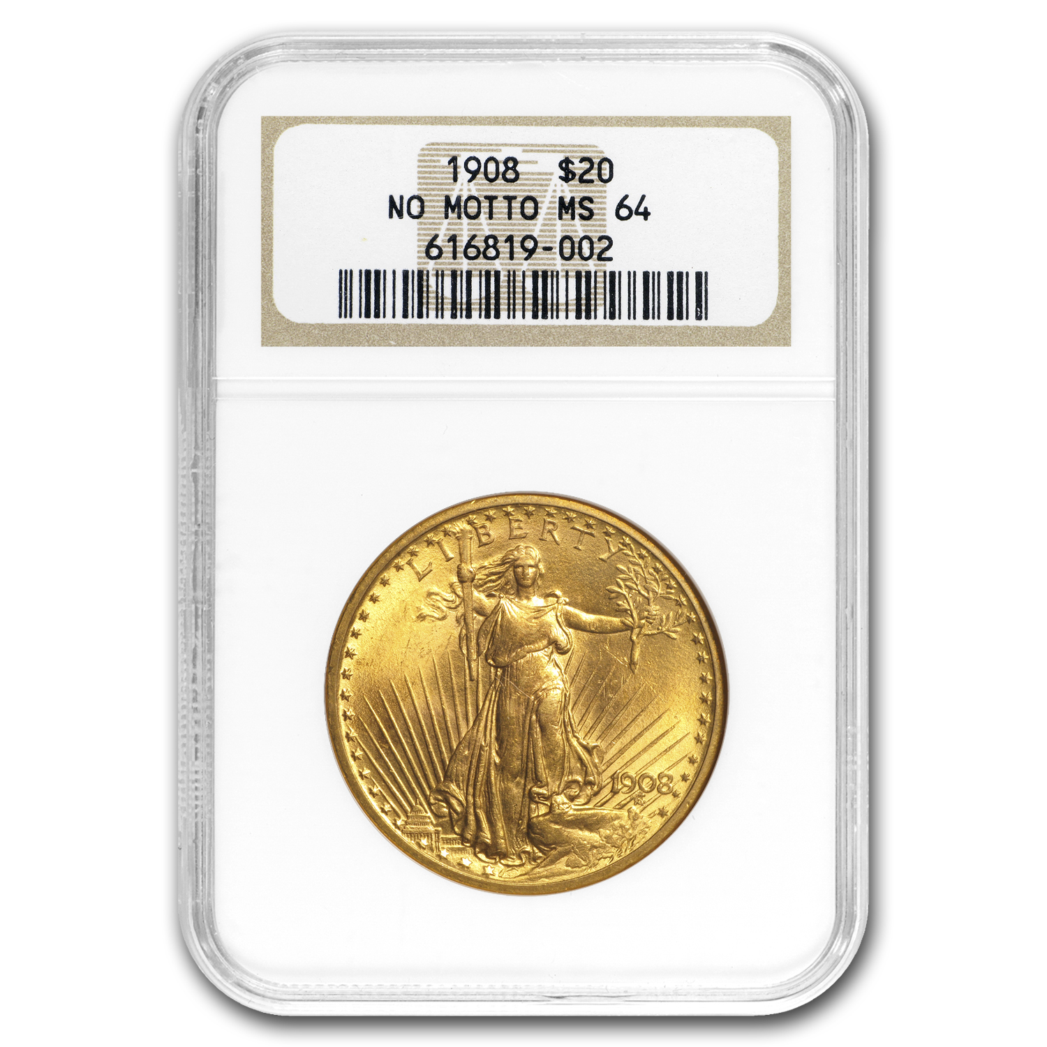 Buy 1908 $20 Saint-Gaudens Gold Double Eagle No Motto MS-64 NGC