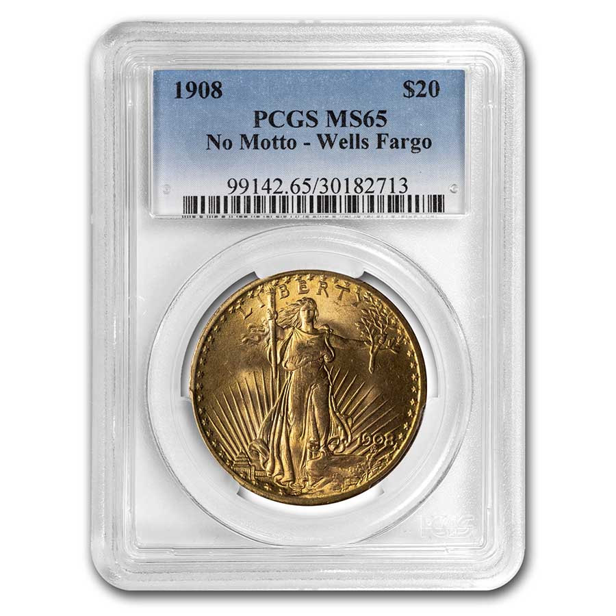 Buy 1908 $20 Saint-Gaudens Gold No Motto MS-65 PCGS (Wells Fargo)
