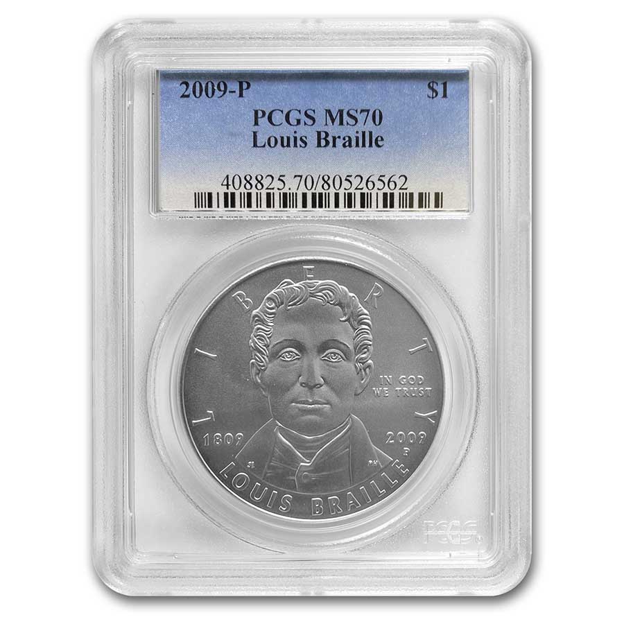 Buy 2009-P Louis Braille $1 Silver Commem MS-70 PCGS