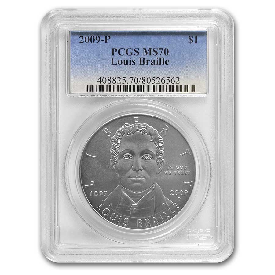 Buy 2009-P Louis Braille $1 Silver Commem MS-70 PCGS