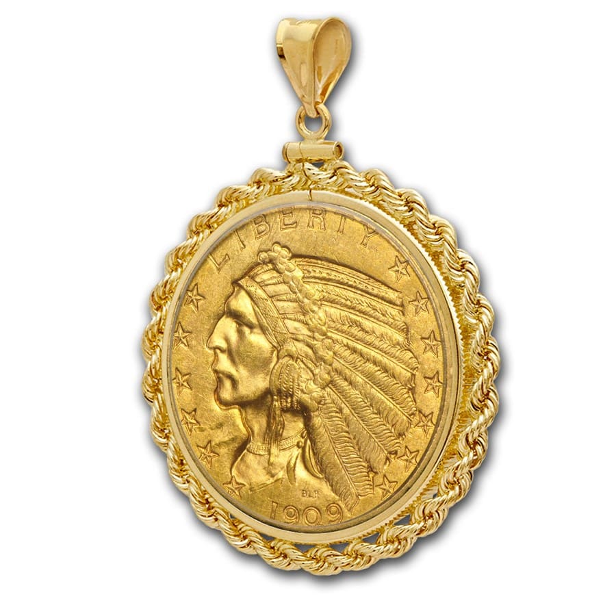 Buy $5 Indian Gold Half Eagle Pendant (Rope-ScrewTop Bezel) - Click Image to Close