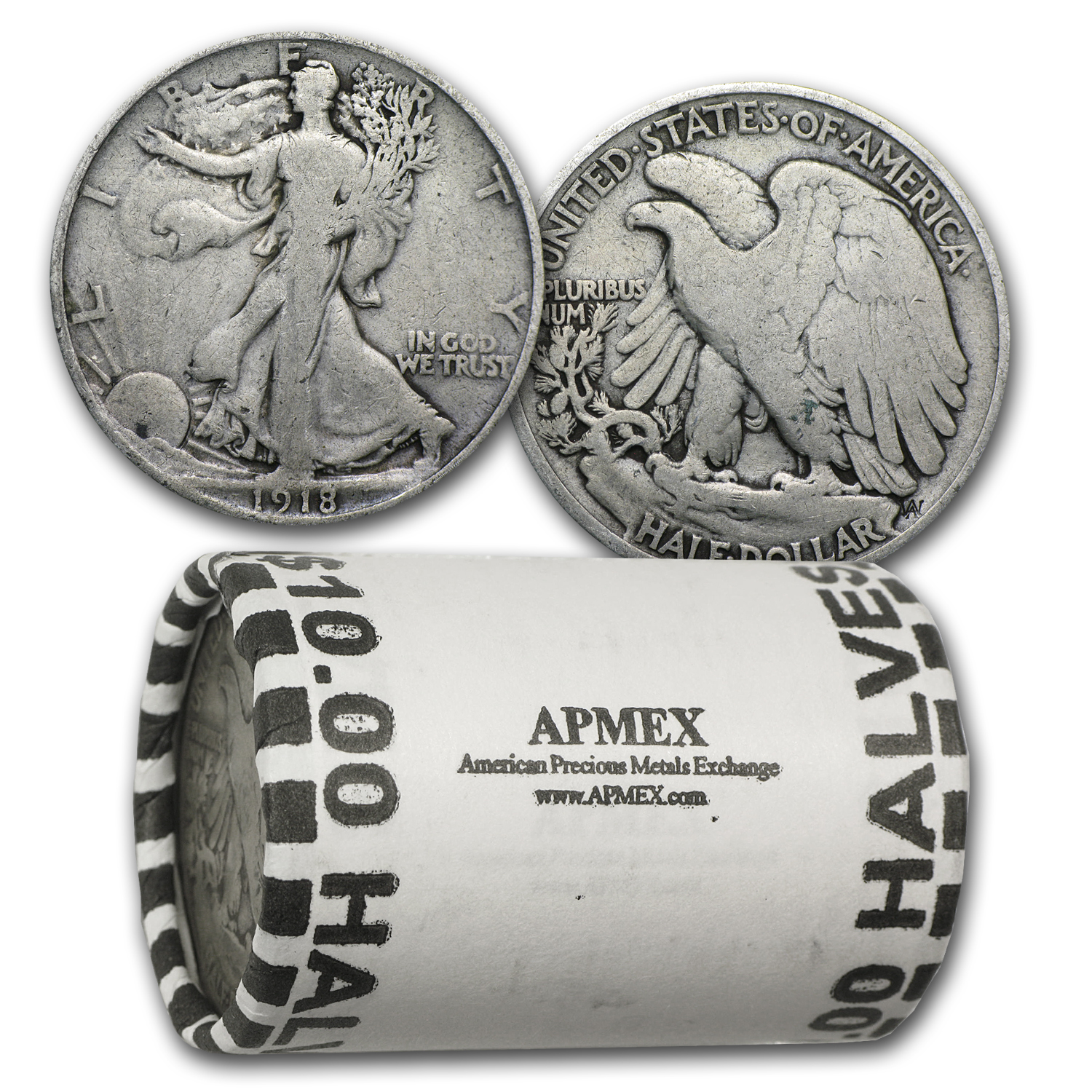 Buy 1918 Walking Liberty Halves 20-Coin Roll Avg Circ