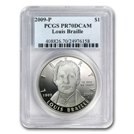 Buy 2009-P Louis Braille $1 Silver Commem PR-70 PCGS