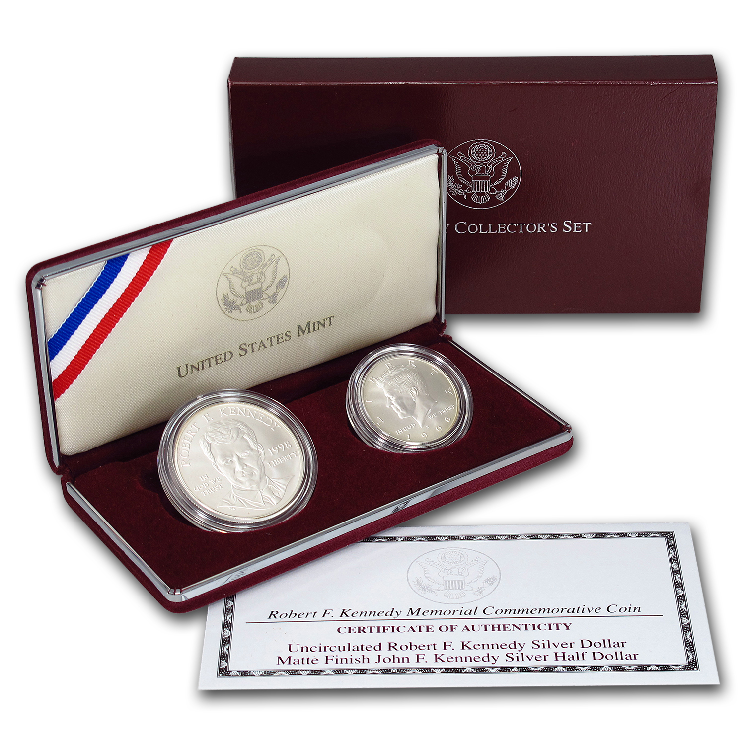 Buy 1998-S 2-Coin Robert Kennedy Set BU (w/JFK Matte Half, Box/COA) - Click Image to Close
