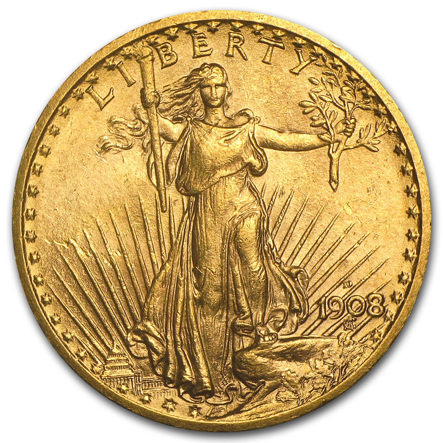 Buy 1908-D $20 Saint-Gaudens Gold Double Eagle No Motto AU