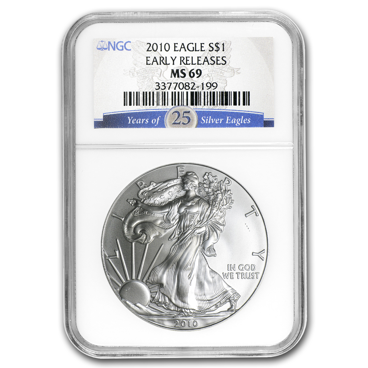 Buy 2010 American Silver Eagle MS-69 NGC (25th Ann, Blue Label, ER)